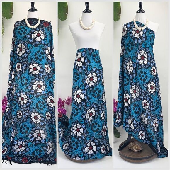Honu Hibiscus Tropical Black Blue White MAXI SARONG Kīkepa Pareo Beach Wrap Ski - Picture 1 of 5